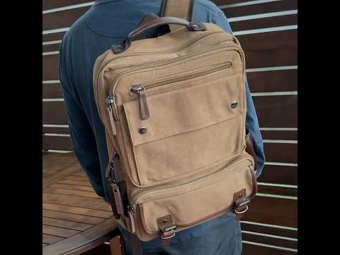 Stylish canvas backpack for daily use, fits 14-inch laptop with various pockets.