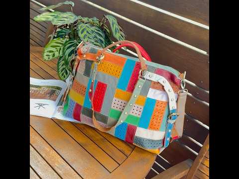 Lifestyle image of colorful leather patchwork handbag, ideal for everyday and special occasions.