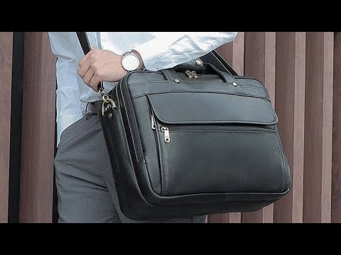 Men's Black Leather Laptop Bag with space for a 15.6-inch laptop.