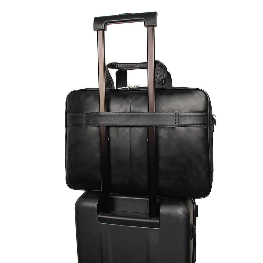 Leather laptop briefcase for men, business style, black, 17-inch.