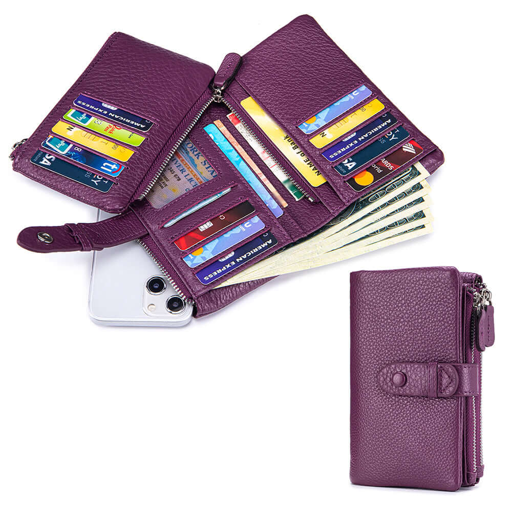 Purple wallet with card slots and money compartments