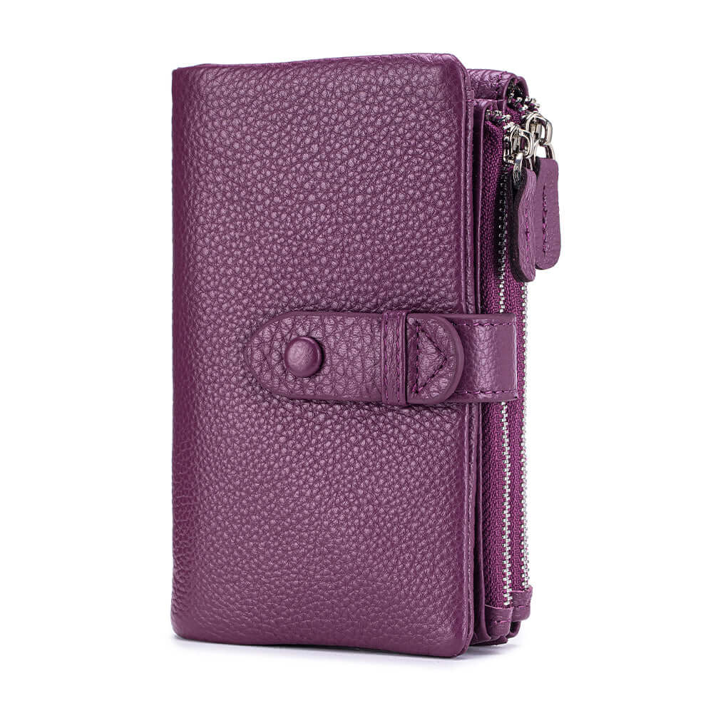 Purple leather wallet with a zipper