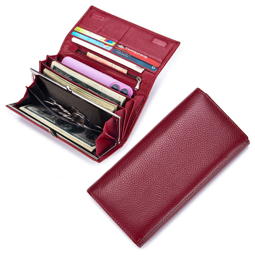 Red leather wallet with various cards and money