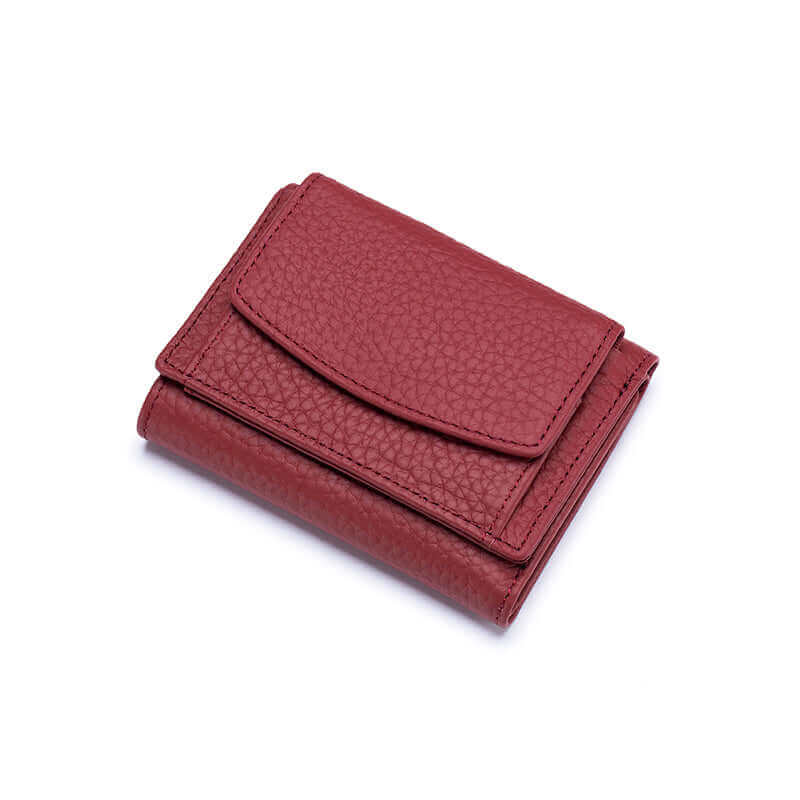 Red RFID leather wallet for women, featuring a compact design and ample storage for cash and cards.