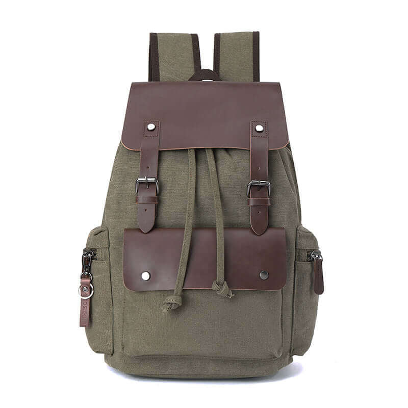 Retro canvas backpack featuring leather buckles and drawstring closure for secure and stylish storage.