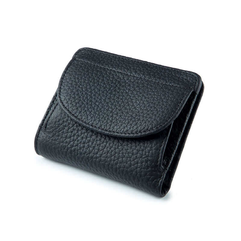 RFID-blocking leather wallet for women in black, offering secure storage for cards, money, and photos.