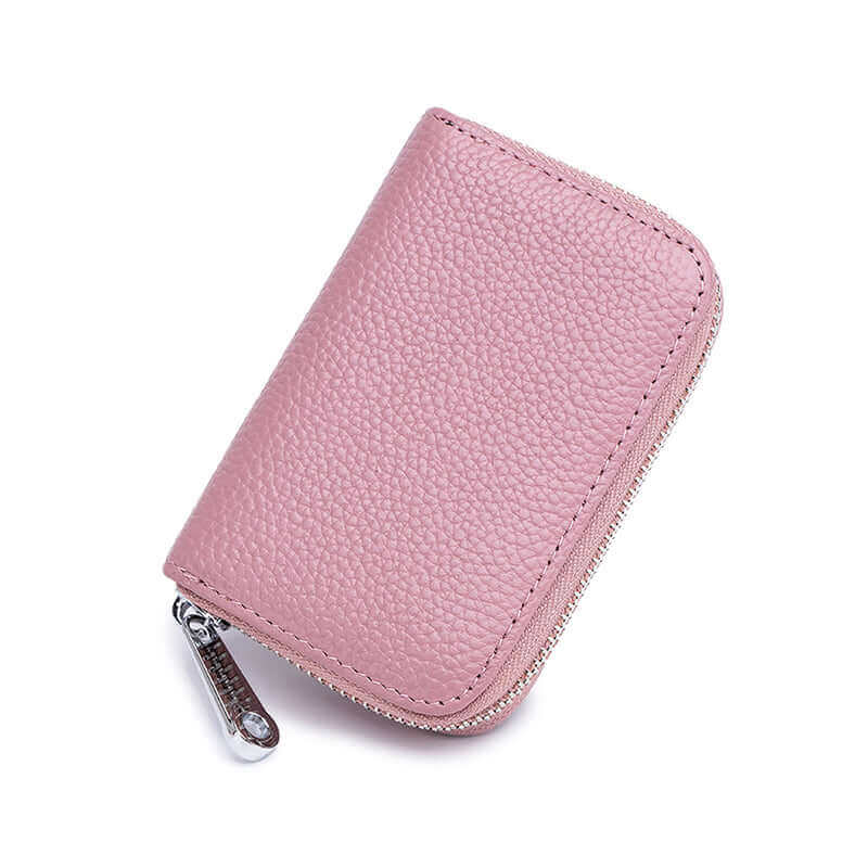 RFID card holder made from genuine leather, featuring a compact design and spacious card storage.