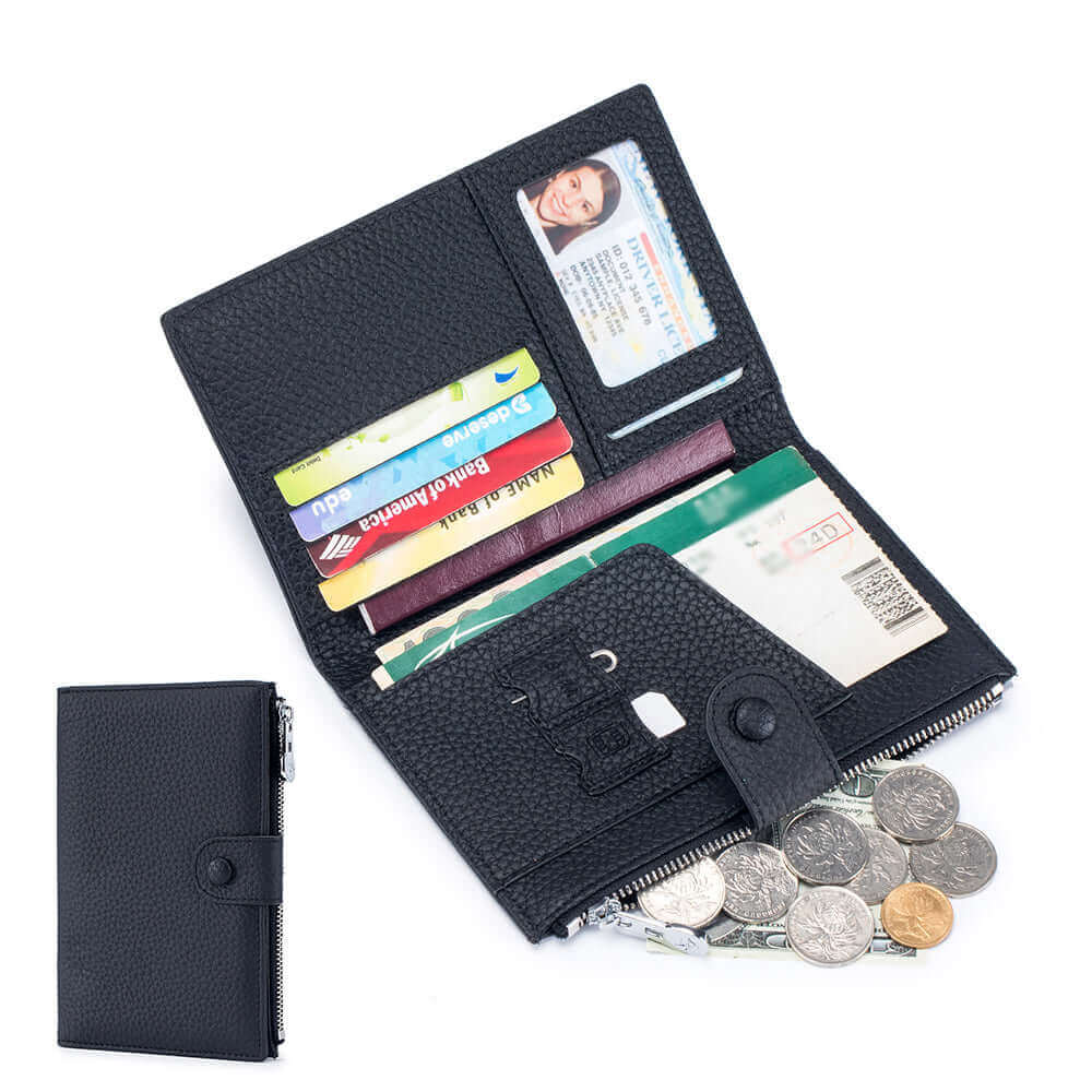 Compact and slim RFID-protected leather passport wallet, perfect for travel.