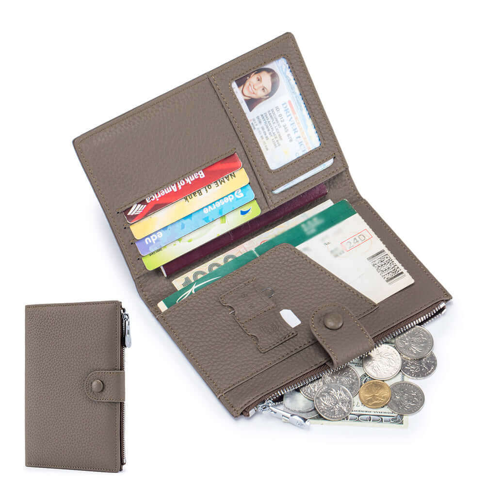 Khaki RFID-protected leather travel wallet showing the coin storage section.