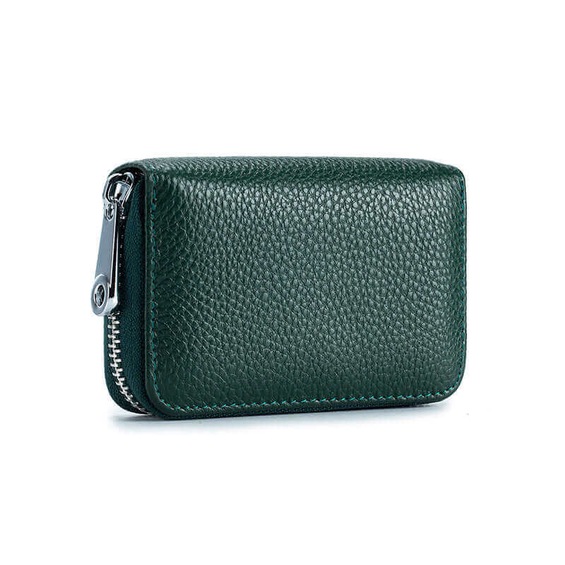 RFID leather card holder with fashion and simplicity, available in various colors and 12 card slots.