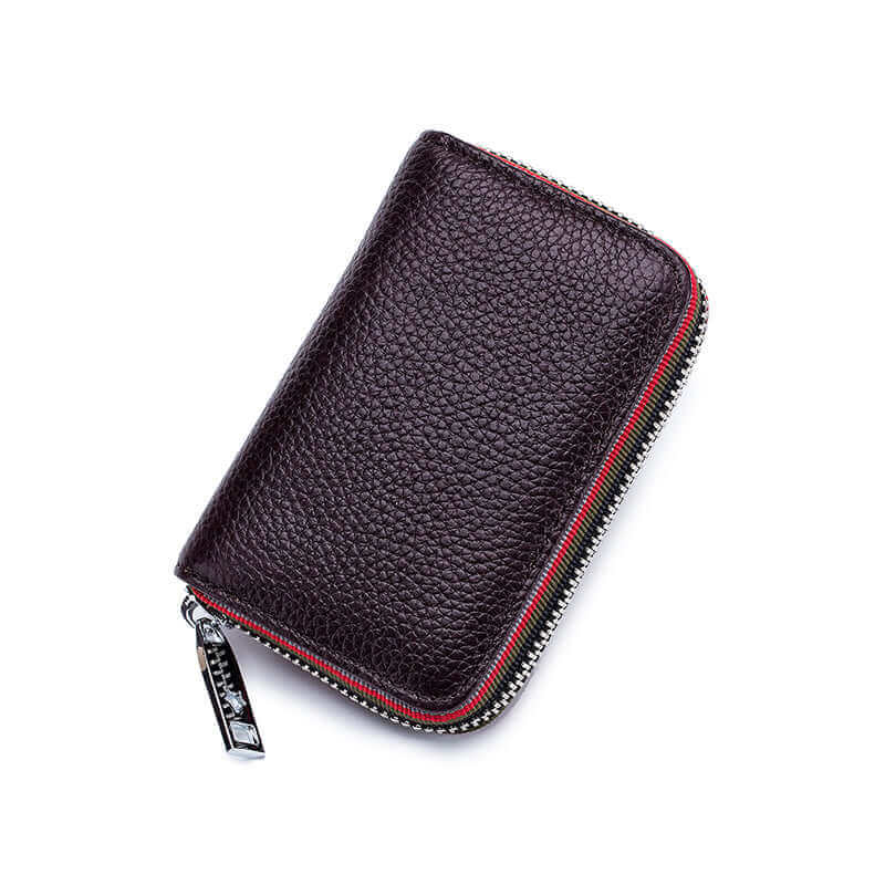 RFID leather card wallet with multicolor edge design, featuring 12 card slots and compact size.