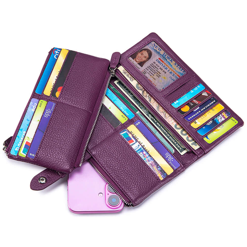 Dark purple wallet with card slots and a phone pocket