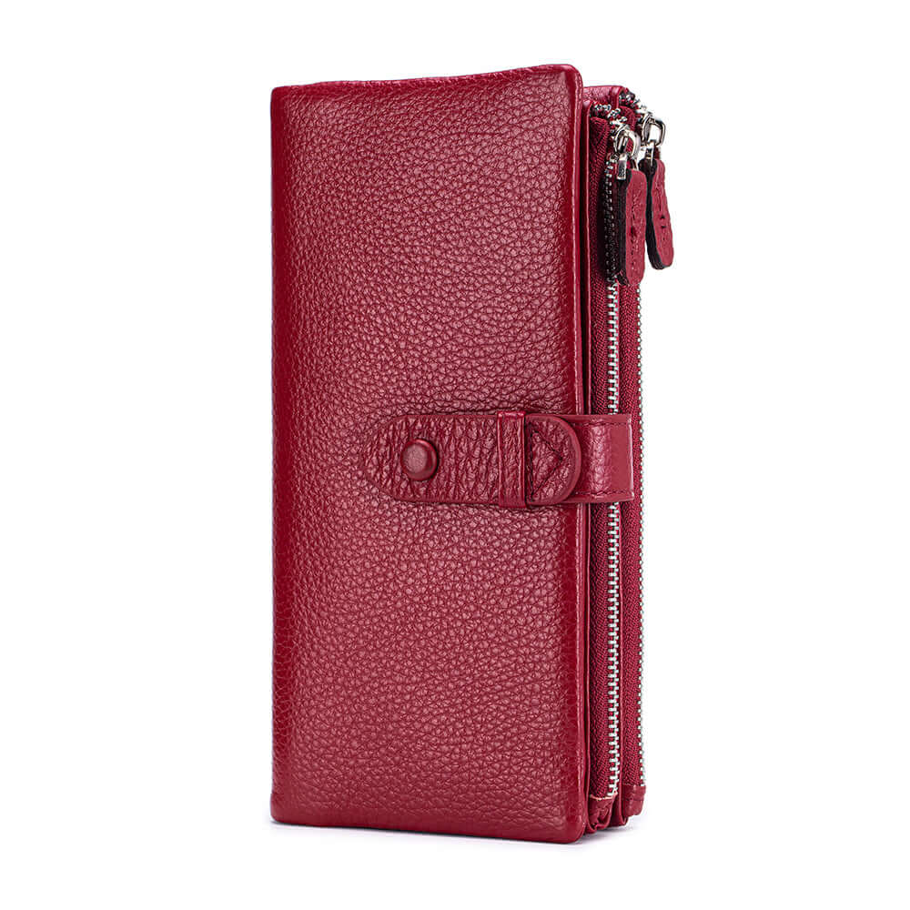 Red leather wallet with a zipper