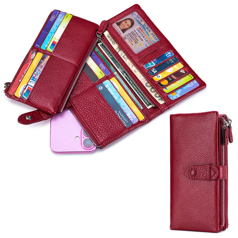 Red long wallet with multiple card slots