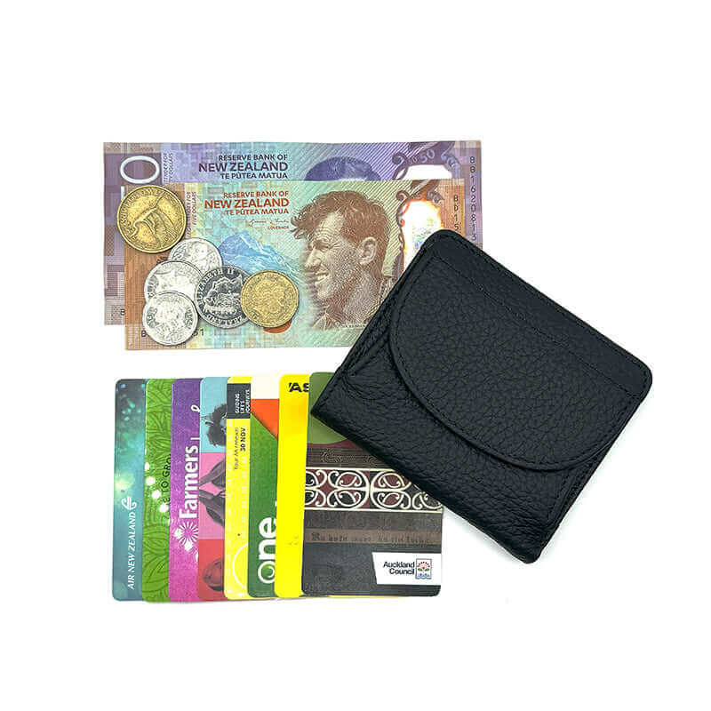 Black RFID leather slim wallet for women, offering 5 card slots, 1 money slot, and photo slot.