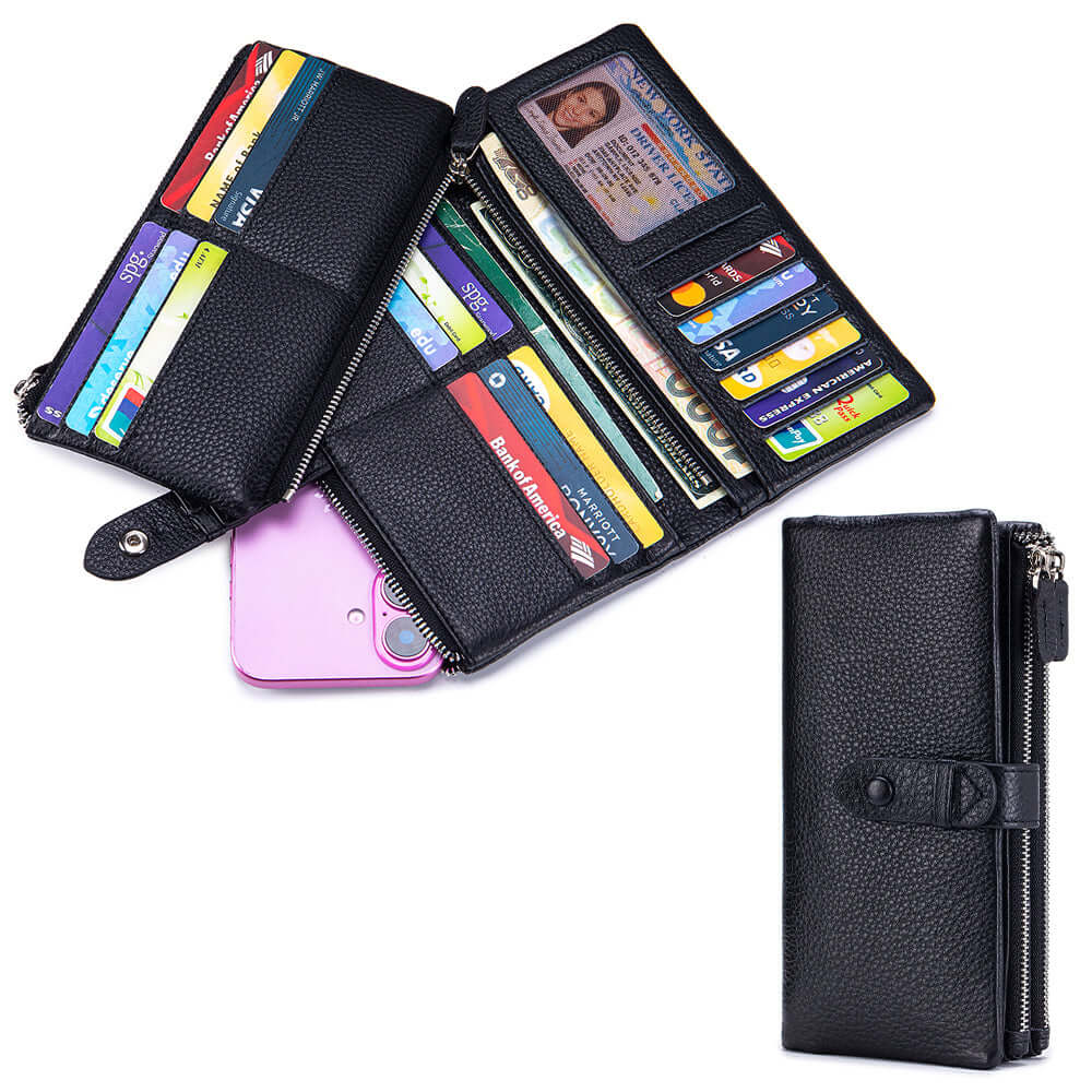 Black leather wallet with multiple card slots and a phone holder