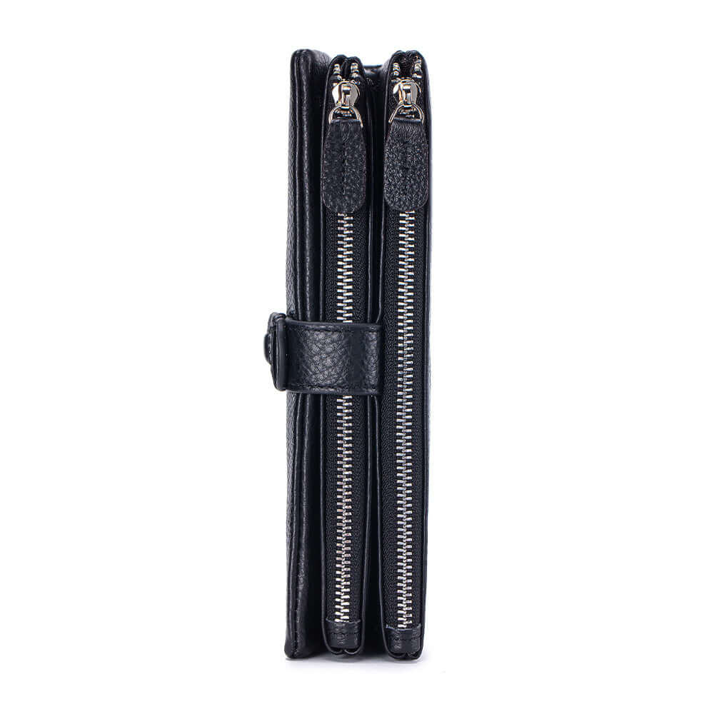 Black leather wallet with a zipper