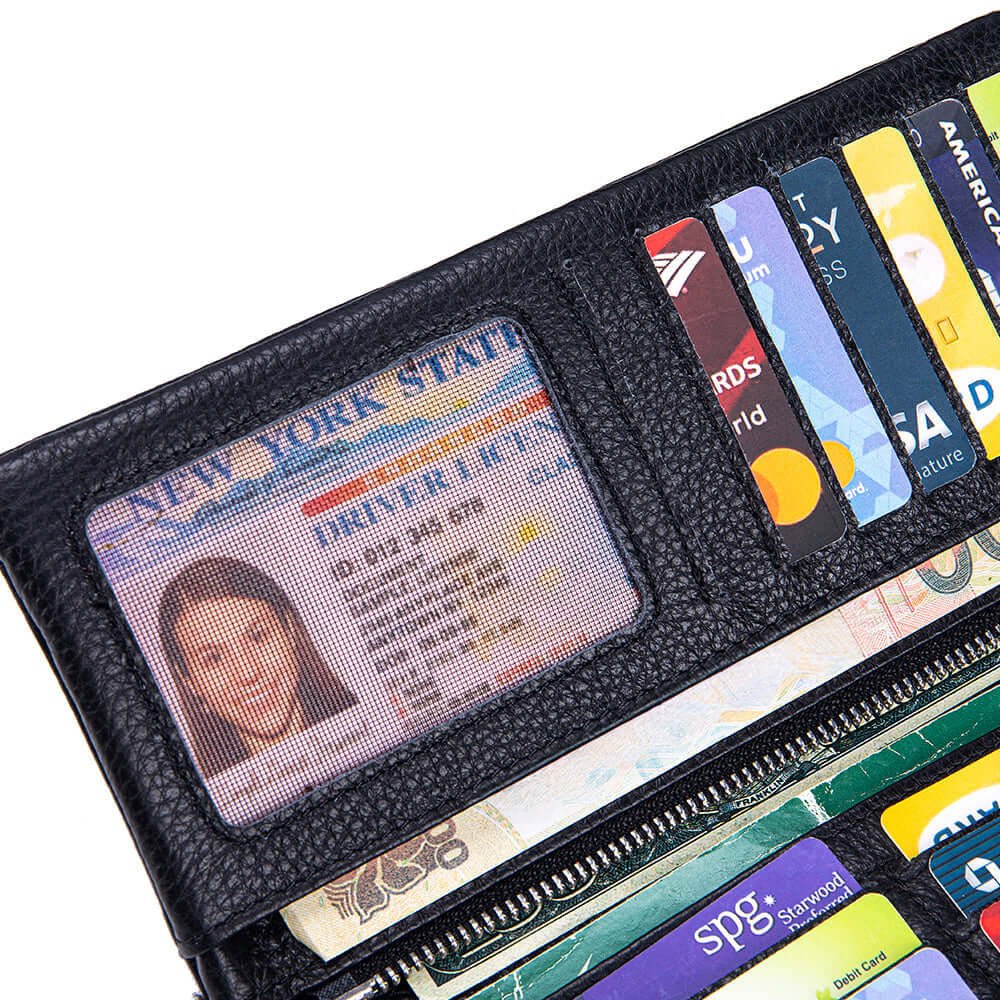 Black wallet with driver's license and various cards