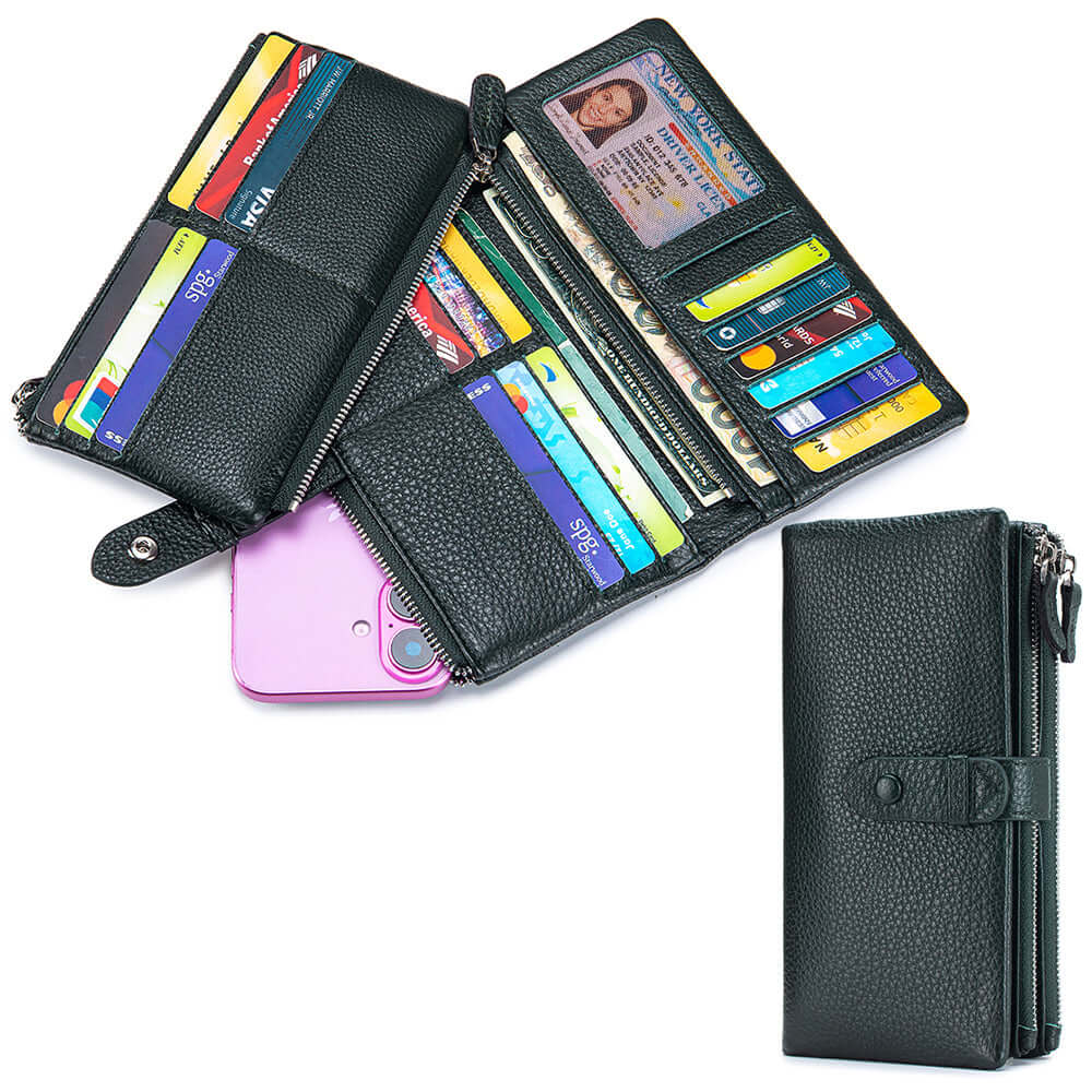 Dark green leather wallet with multiple card slots and a phone holder on a white background