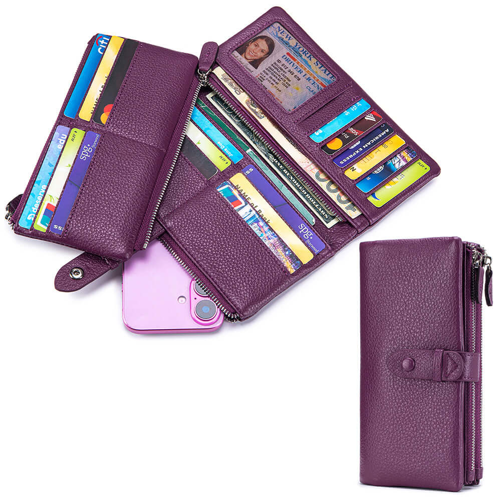 Dark purple wallet with multiple card slots and a phone holder