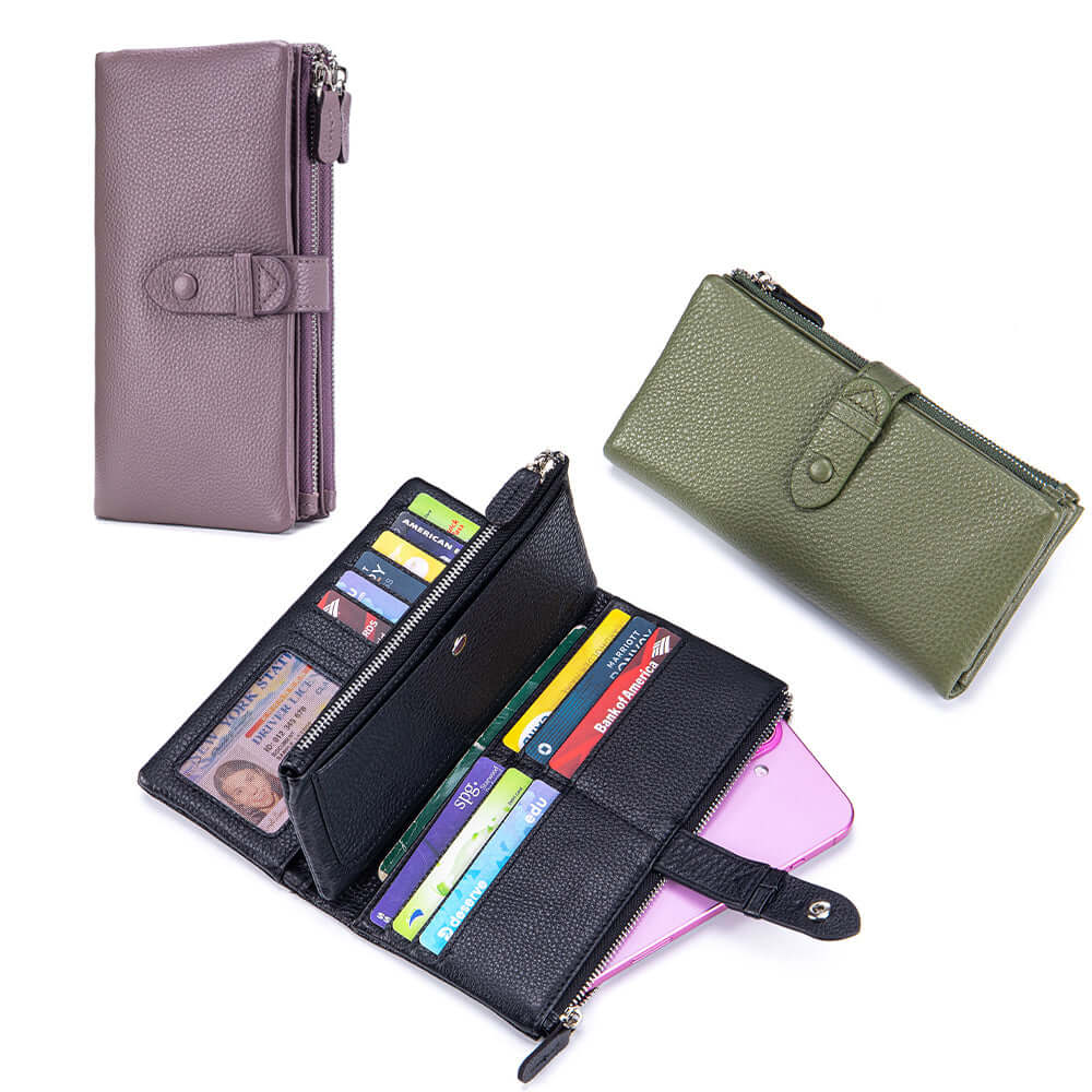 Black wallet with card slots, purple wallet, and green wallet