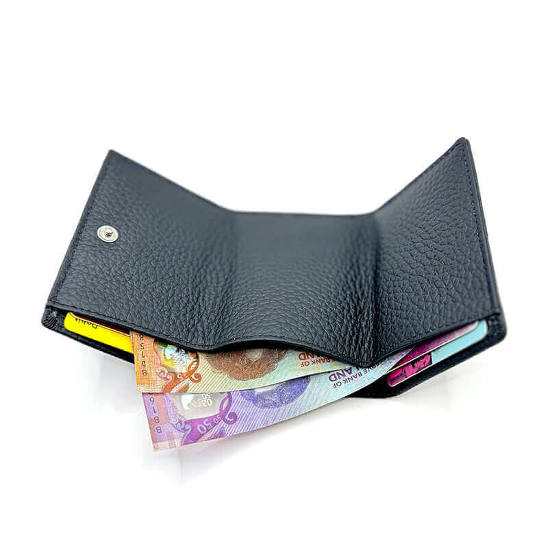 RFID mini wallet for women in black leather, offering space for cards, coins, and cash.