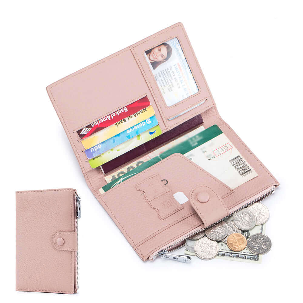 Pink RFID-protected genuine leather passport wallet with sleek design.