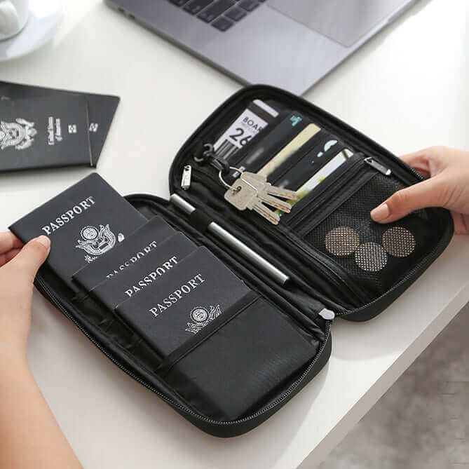 Open view of the travel passport wallet showcasing storage compartments