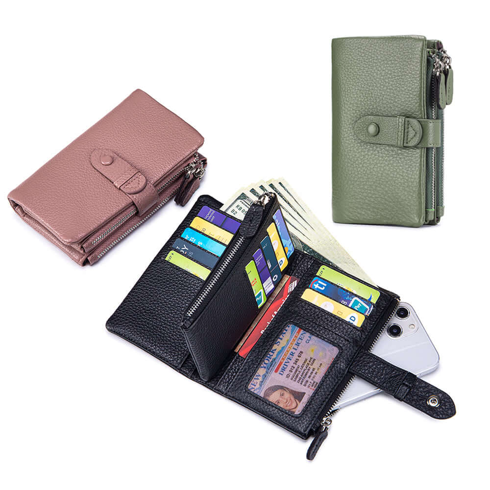 RFID wallets shown in multiple color options