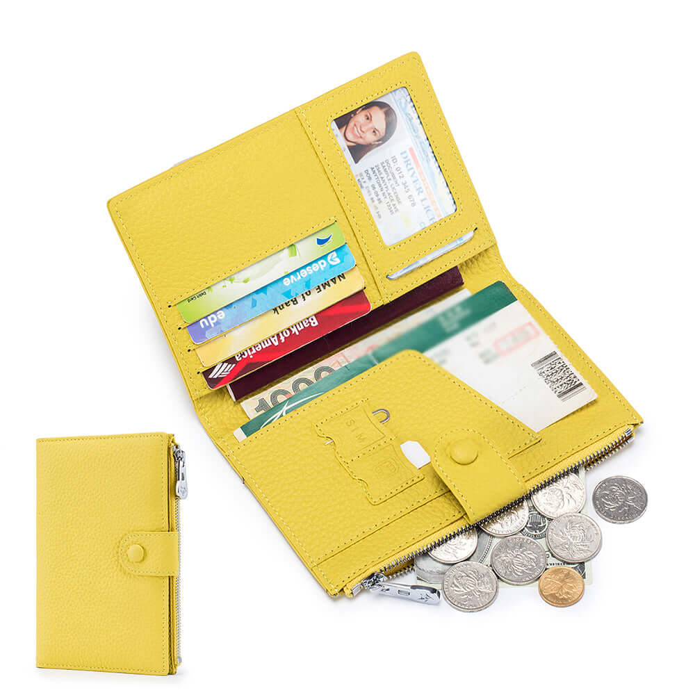 Yellow RFID-protected travel wallet with snap button for secure closure.