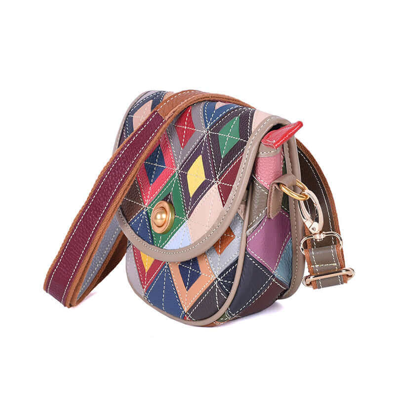 Side view of the crossbody bag showing vibrant patchwork leather.