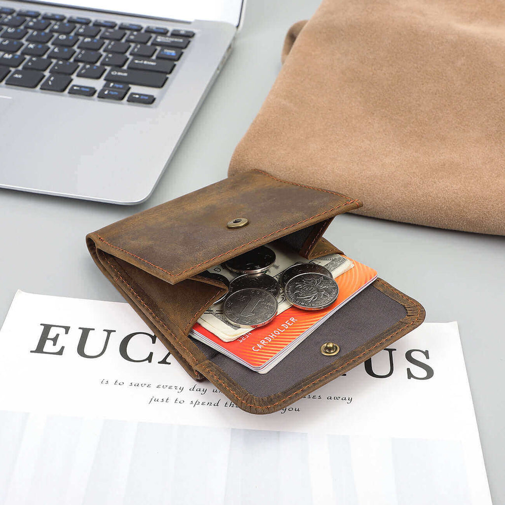 Compact leather wallet with advanced RFID blocking.