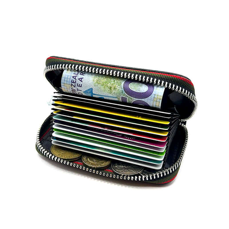 Secure RFID leather card holder with colorful woven edges, featuring space for 12 cards, coins, and IDs.