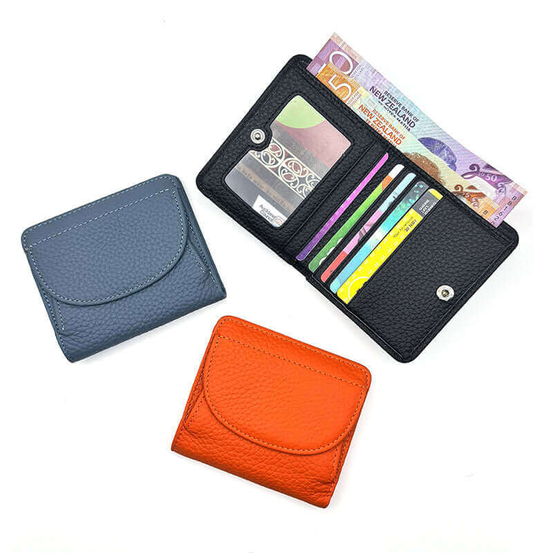 Secure RFID leather wallet for women, designed with multiple slots for cards, money, and photos.