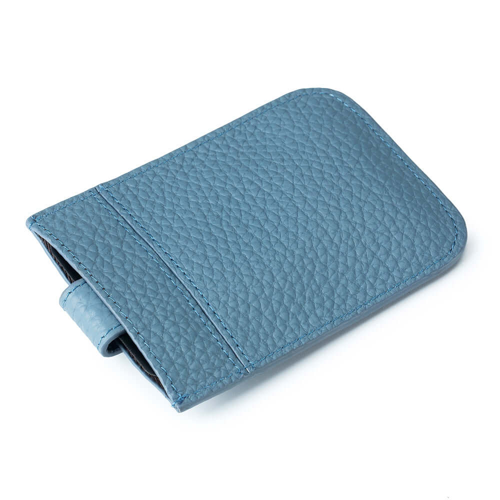 Back view of the blue leather slim card holder.