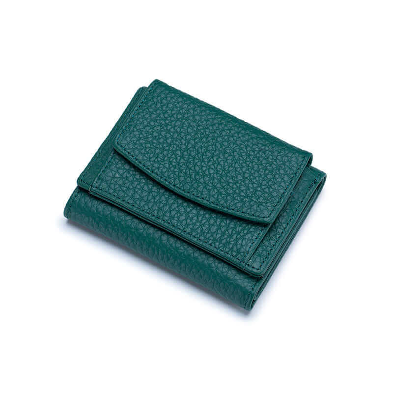 Slim RFID leather wallet for women in green, with a minimalist design and secure card storage.