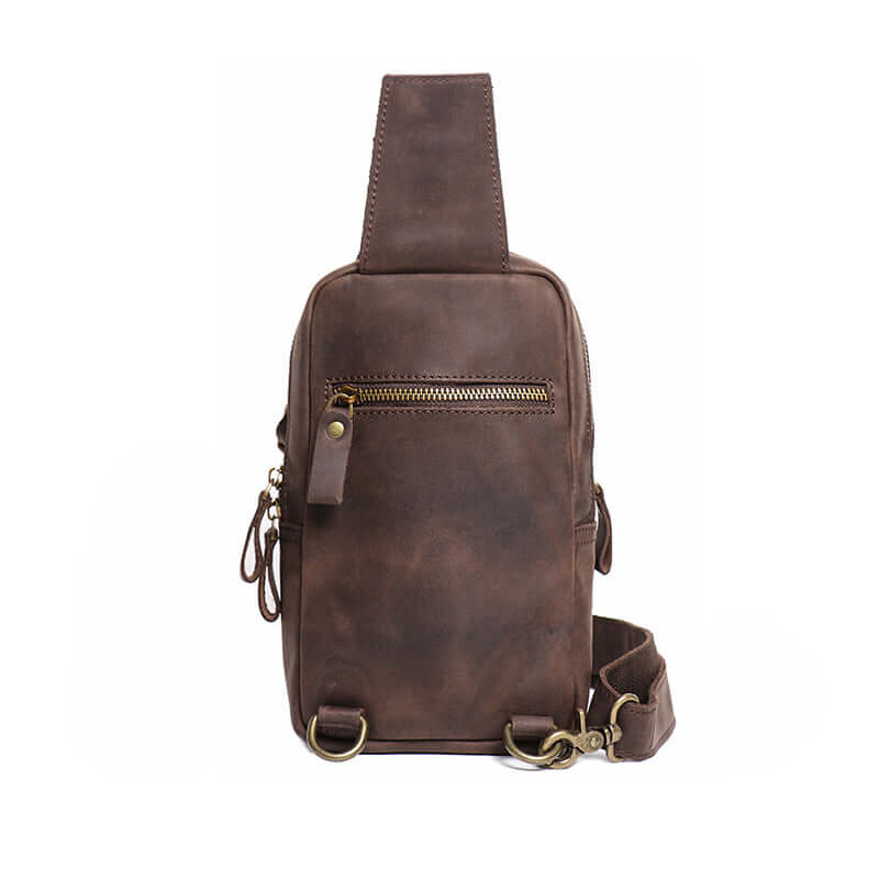 Back view of leather sling bag with soft padding