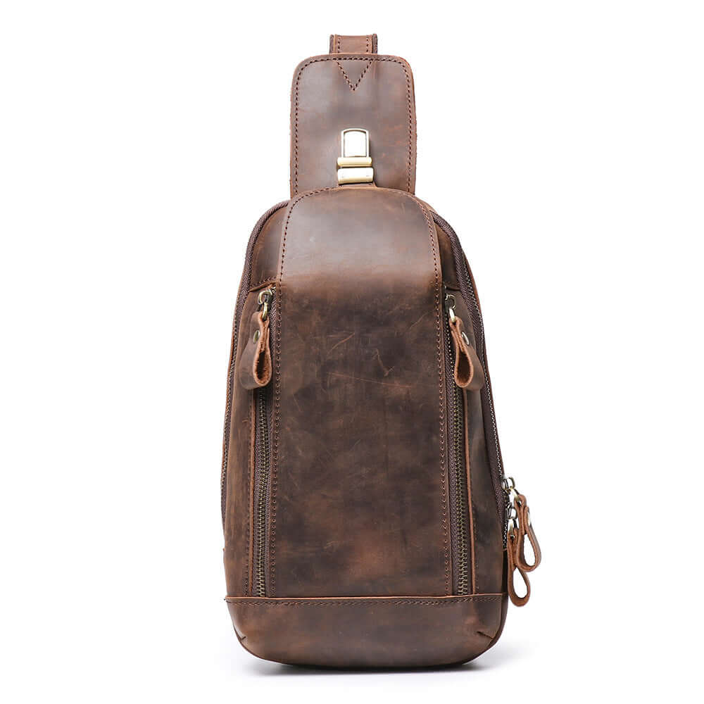 brown leather sling bag front view