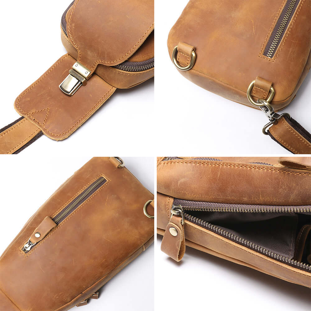 close-up texture of genuine full-grain leather sling bag