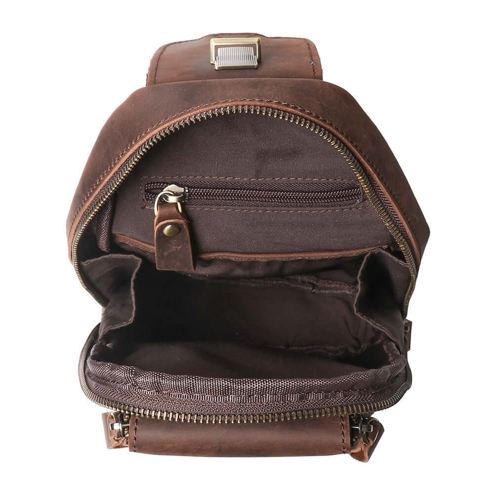 interior pocket detail of men’s leather sling bag