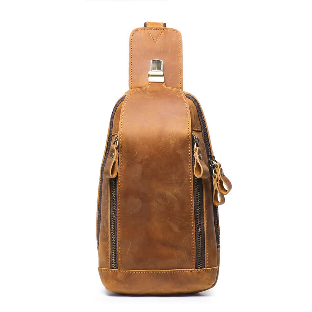 men’s leather sling bag front view vintage brown