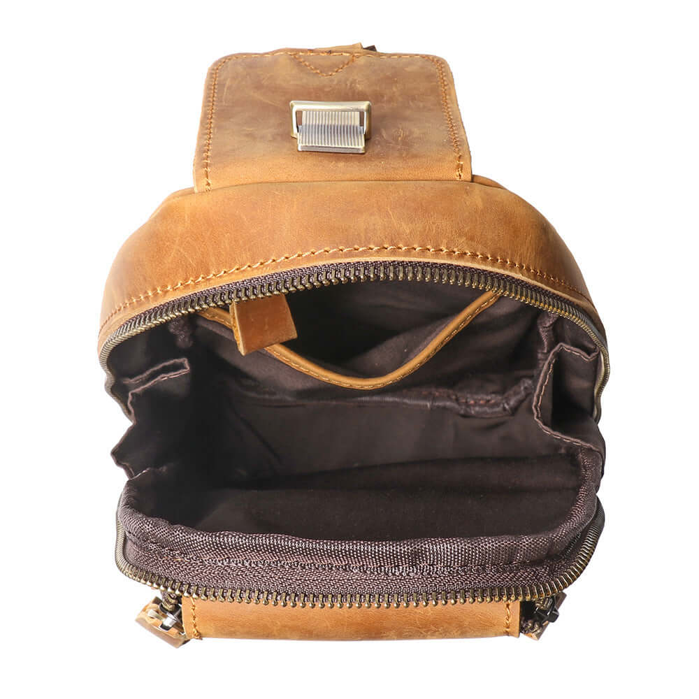 top view of men’s leather sling bag interior compartments