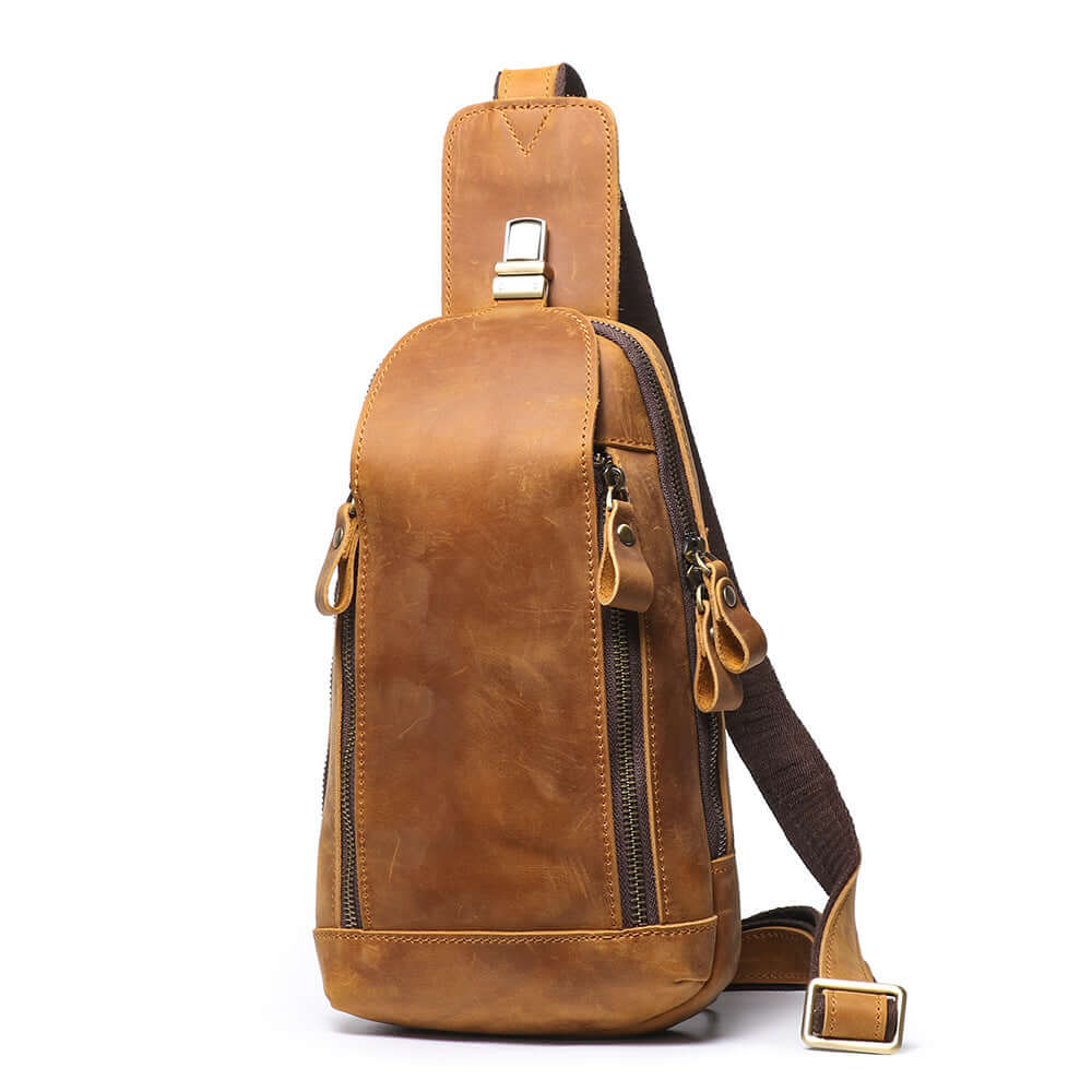 leather sling bag left side view with zipper