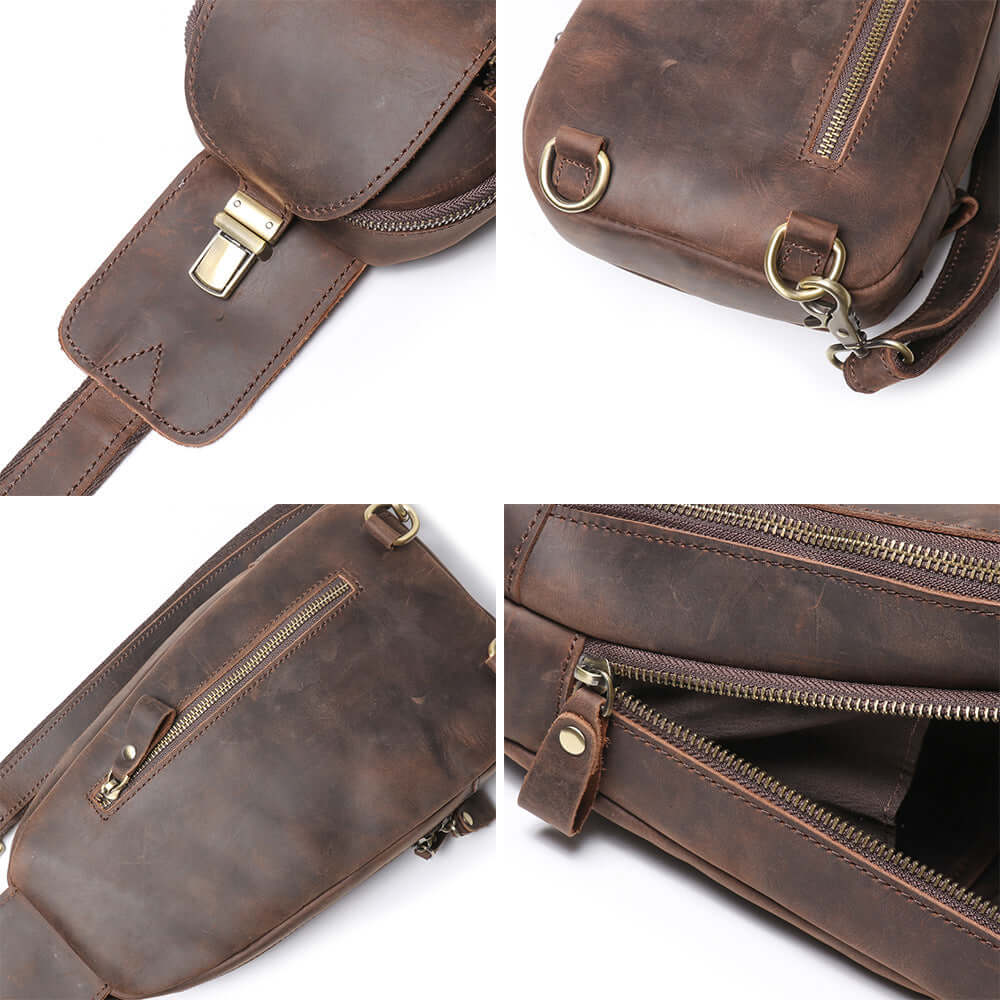 close-up of vintage metal zipper on leather sling bag