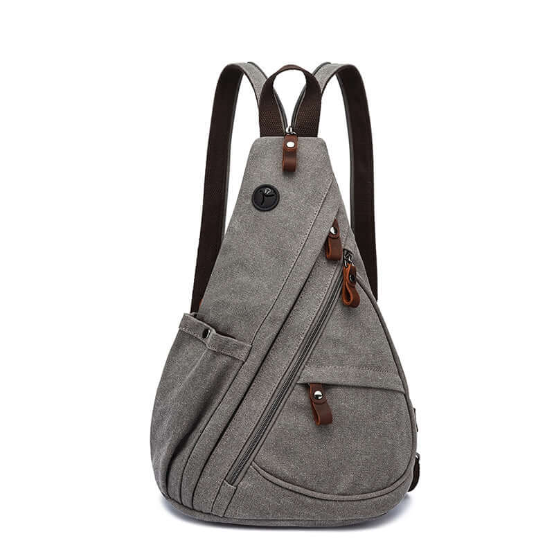 Grey canvas sling chest bag with adjustable straps for men