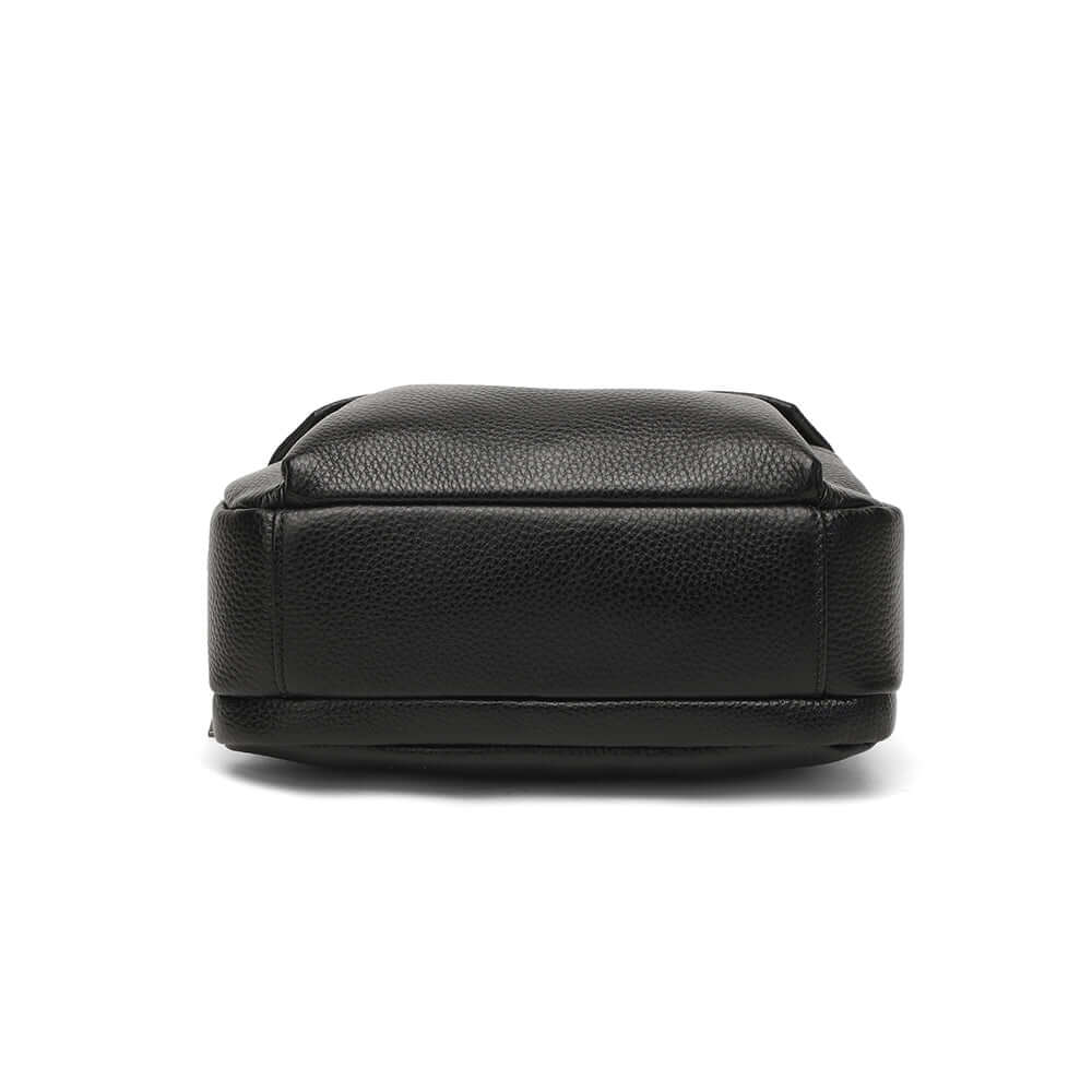 Bottom view of the black leather handbag