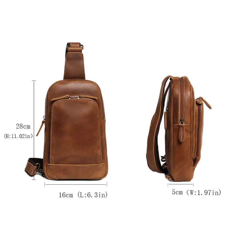 Brown leather sling bag with measurements