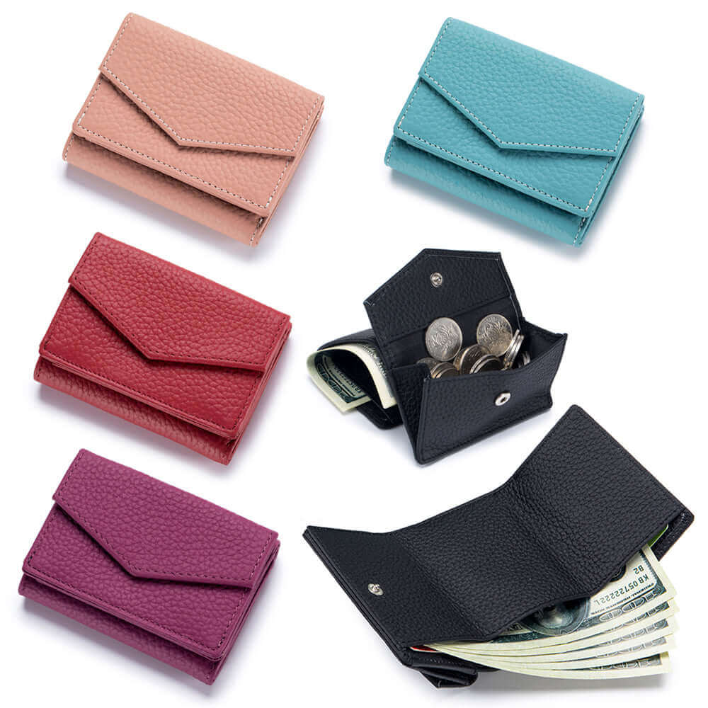 Multiple color options for ladies' compact wallets in leather