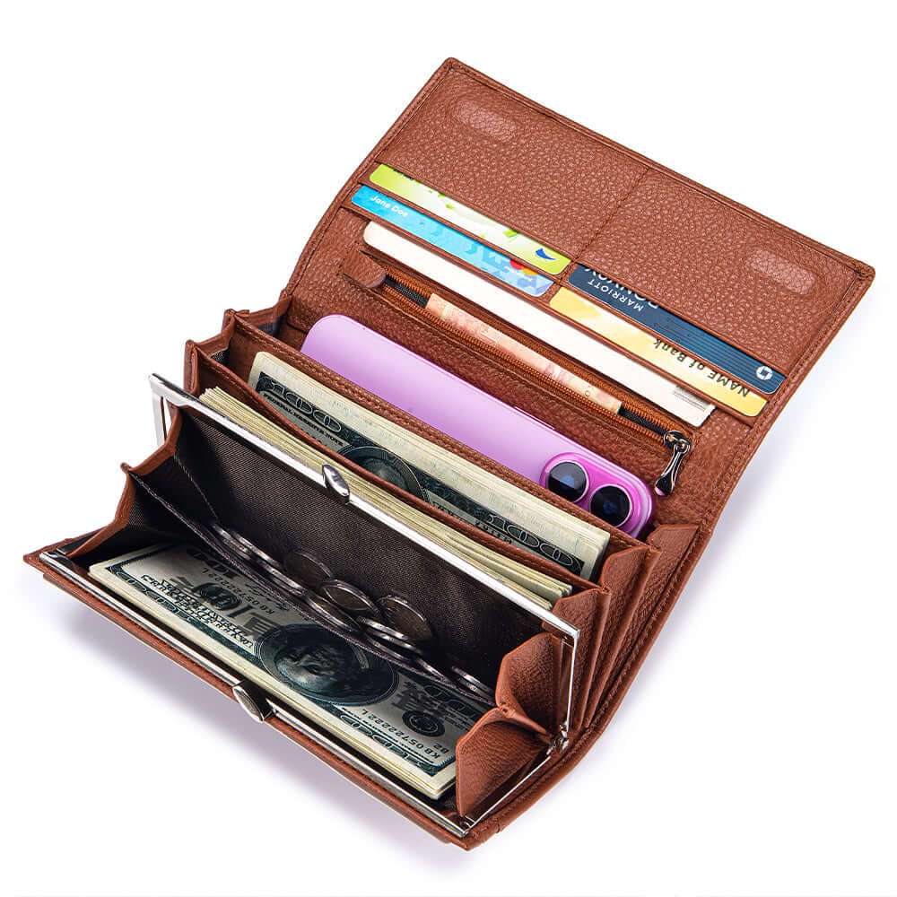 Inside view of brown long wallet
