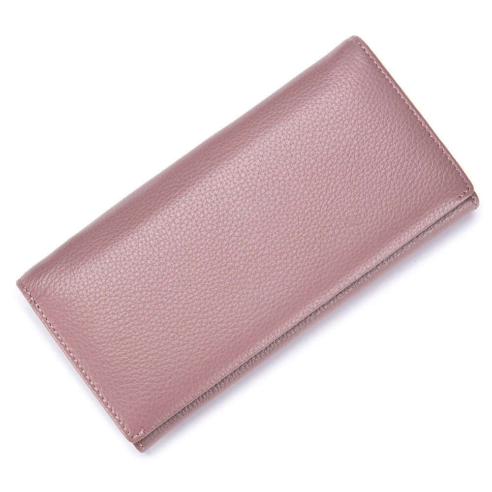 Front view of pink genuine leather long wallet